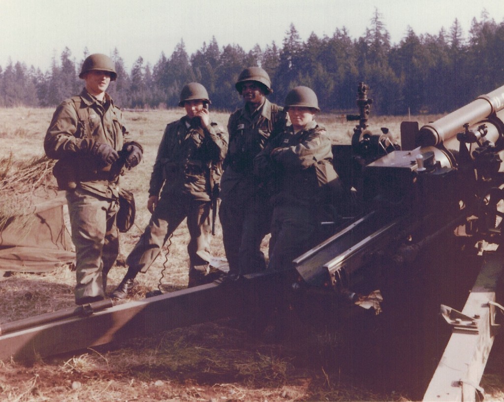 B Battery gun crew on a field exercise, Ft. Lewis
